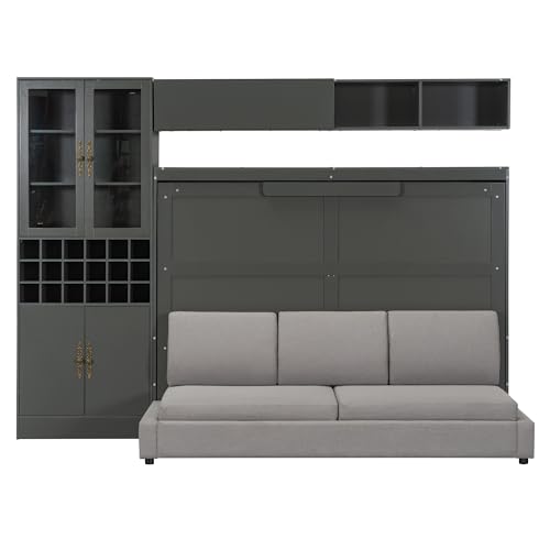 P PURLOVE Queen Murphy Bed with Sofa and Shelves, Wooden Wall Bed with USB and Light, No Box Spring Needed (White)