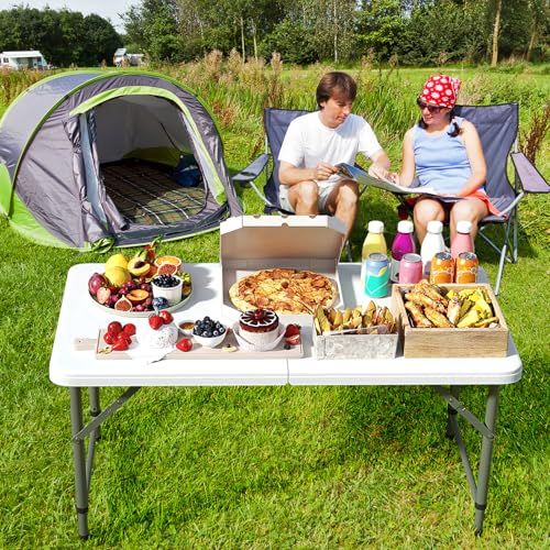 Goplus Portable 4 Foot Plastic Folding Table, 400 LBS Indoor Outdoor Heavy Duty Adjustable Folding Tables with HDPE Tabletop, Carrying Handle, Foldable Utility Card Table for Picnic, Camping, Dining