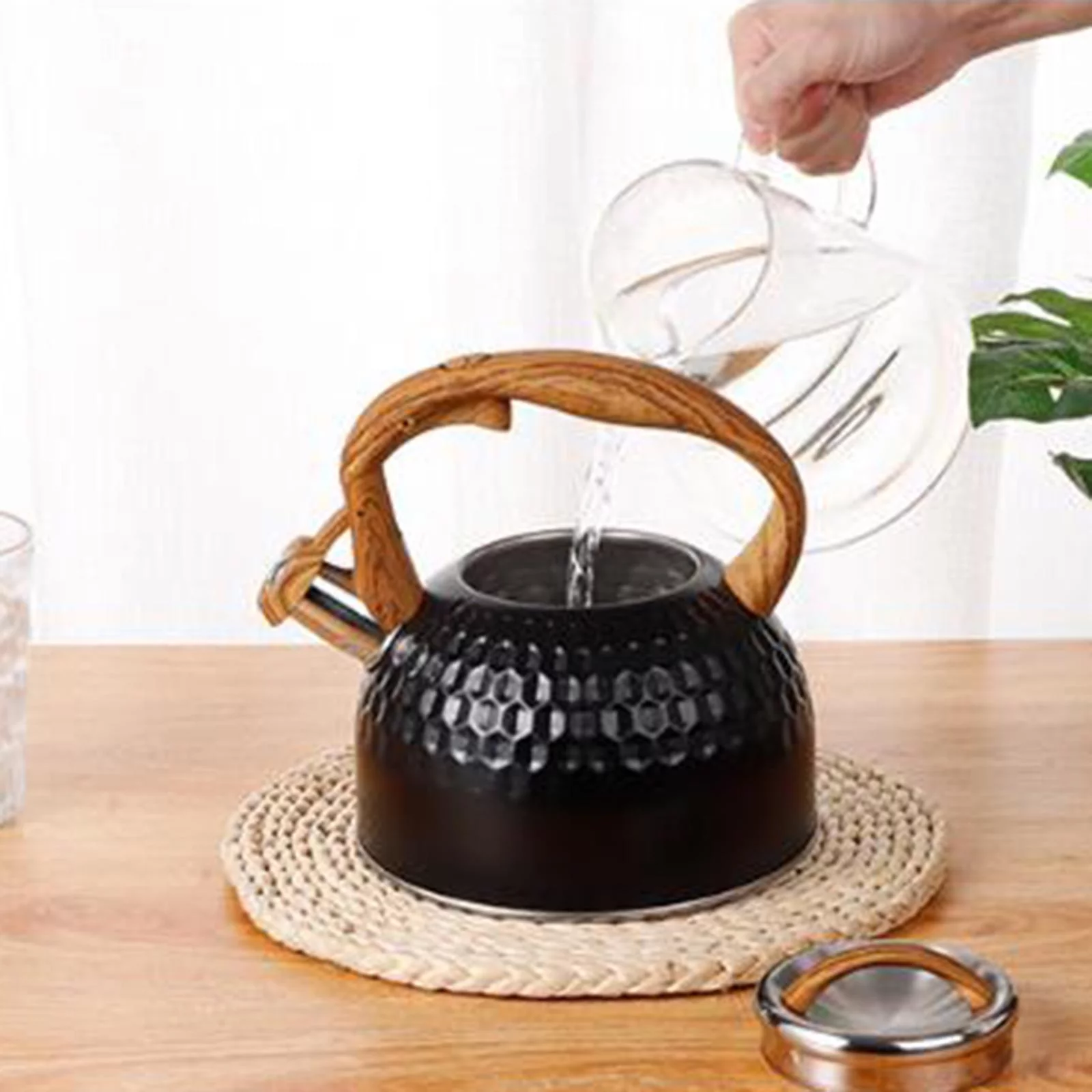 2500ml Black Stainless Steel Tea Pot Whistling Kettle with Wooden Pattern Handle