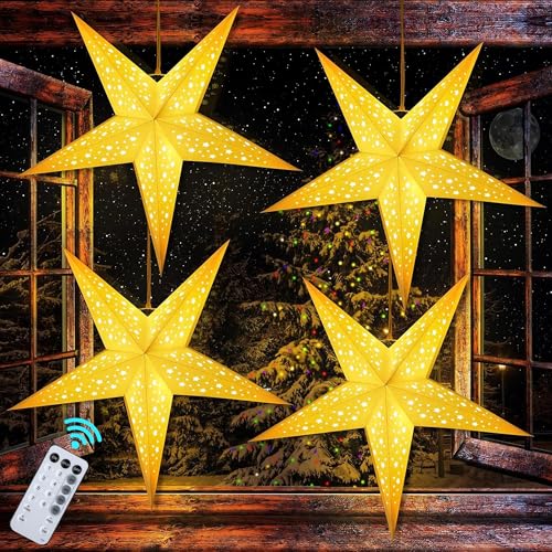 Hiboom 4 Pack Paper Star Lantern 24 Inch, 8 Mode 50 LEDs Firework Fairy String Lights, Five Pointed Light up Hollow Out Star Hanging Decoration for Indoor Outdoor Room Wedding Christmas Party