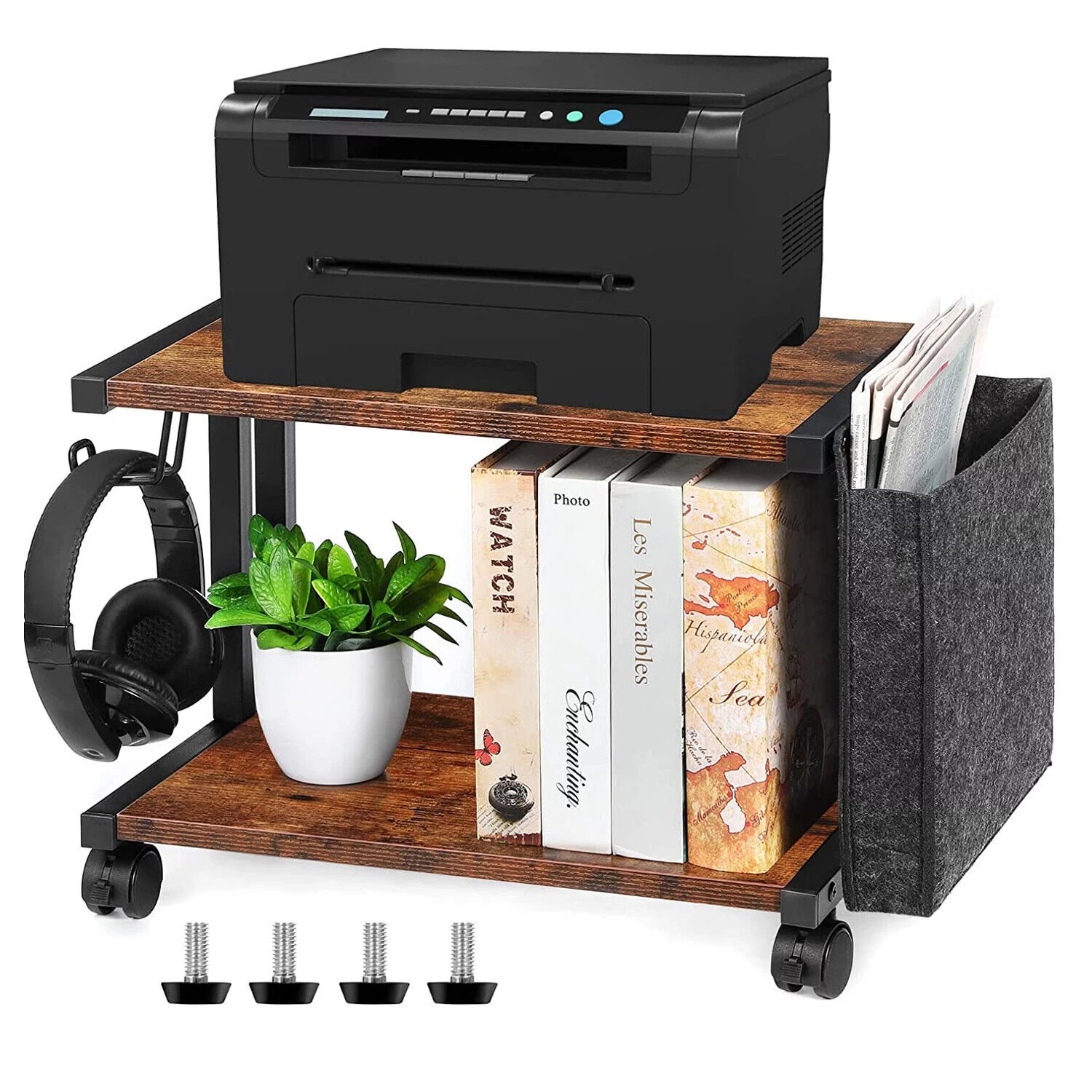 2-Tier Mobile Printer Stand Shelf with Storage Under Desk Printer Cart for Home