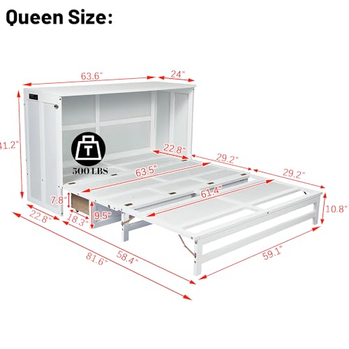 Queen Murphy Bed Cabinet, Murphy Bed Queen with Storage Drawer & Charging Station, USB Port, Solid Pine Wall Beds for Home Office, Studio or Guest Room, White