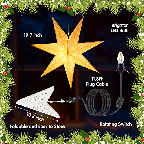 Enhon 4 Pack 20 Inch Paper Lanterns, 7 Point Warm White LED Star Lights with Plug, Collapsible Star Decor for Christmas Window Wall Room Yard