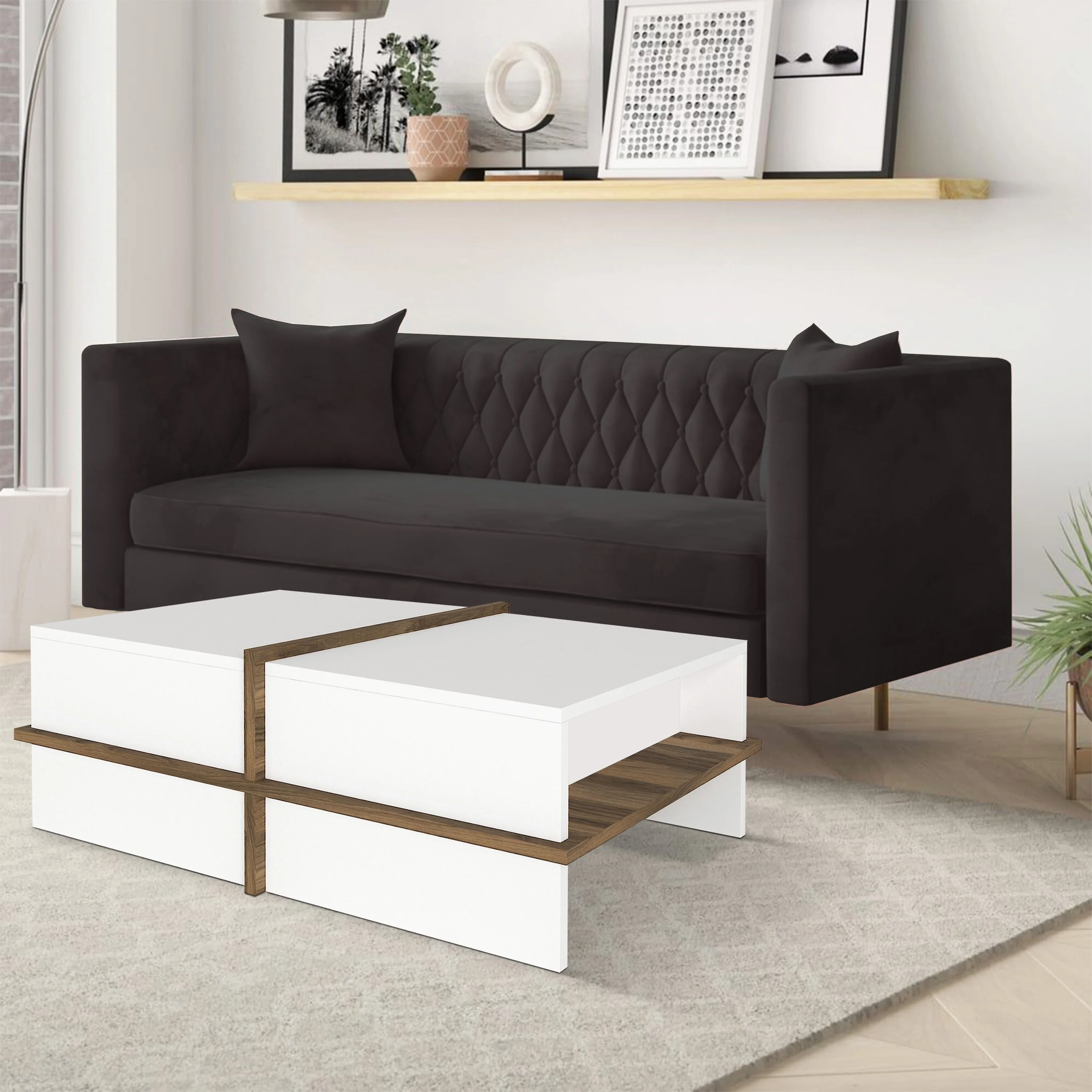 Belle 35 Inch Modern Wood Rectangular Coffee Table with Side Shelf, White and Brown