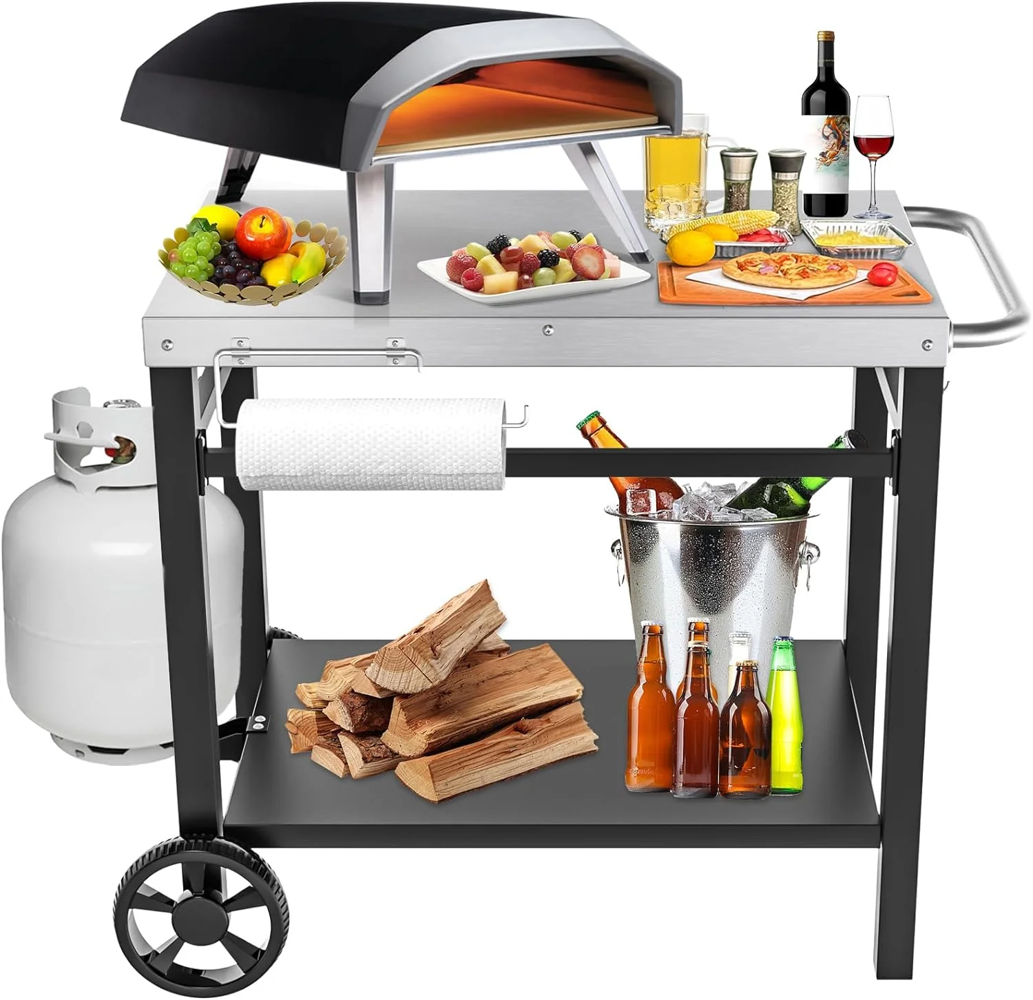 GRILL FORCE Outdoor Grill Cart Table,Movable Dining Cart Table, Pizza Oven Table Stand,Food Prep and Work Table Cart,BBQ Grill Carts with Wheels, Grilling Backyard Table (Double-Shelf Grill Table)