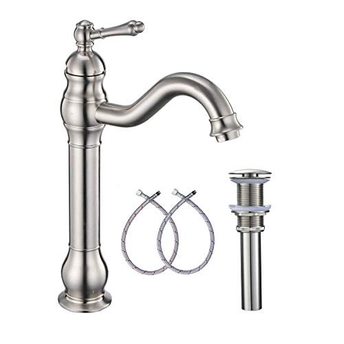 GGStudy 360° Swivel Antique Brass Bathroom Vessel Sink Faucet Single Handle One Hole Matching with Pop Up Drain