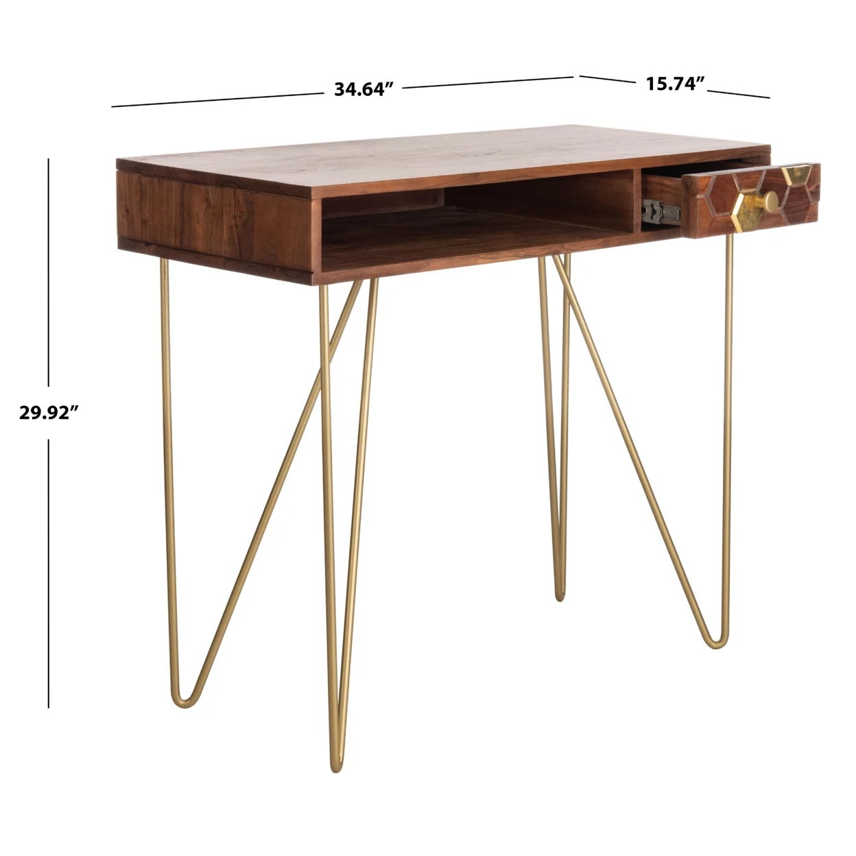 SAFAVIEH Raveena Mid-Century w/ Drawer Writing Desk, Walnut/Brass