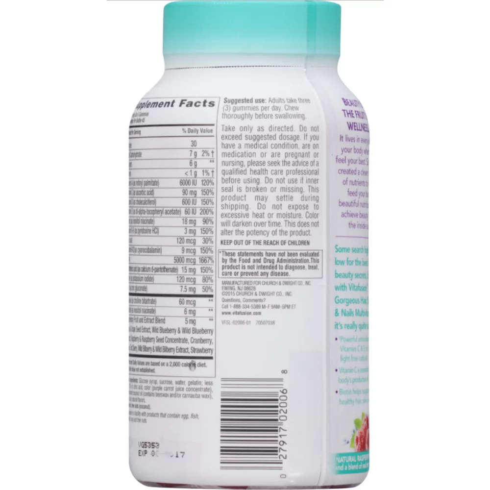Vitafusion Gorgeous Hair, Skin & Nail Multivitamins Gummies, Natural Raspberry Flavor 135 ea (Pack of 3)