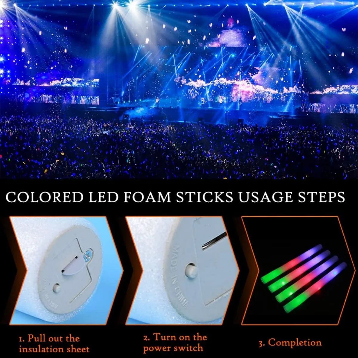 WSYW 100 PCS LED Light up Foam Sticks 18 inch Party Flashing Glow Stick 3 Modes Flashing Multi-Color