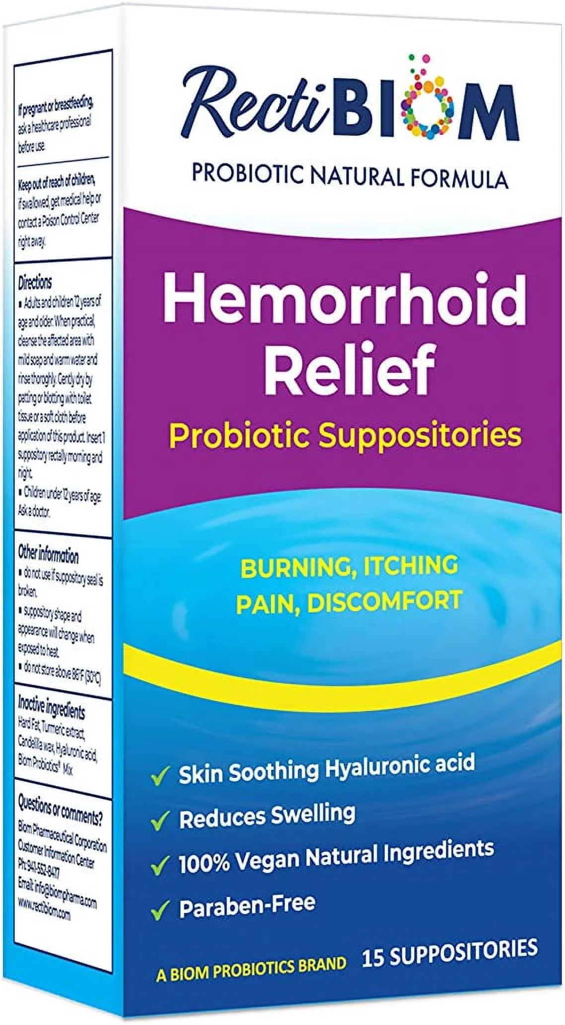 Biom Probiotics RectiBiom Probiotic Hemorrhoid Relief Suppositories, Natural Hyaluronic Acid Suppositories with Turmeric Extract, 15 Count
