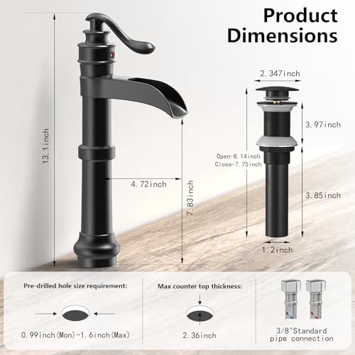 Vessel Sink Faucet, Oil Rubbed Bronze Black Bathroom Faucet, Farmhouse Waterfall Sink Faucet Single Hole with Pop Up Drain Assembly Without Overflow One Hole Mixer Tap Deck Mount