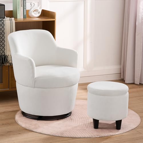 360° Swivel Accent Chairs with Ottoman, Modern Comfy Fabric Barrel Living Room Chair, Leisure Bedroom Armchair with Footstool, Blue