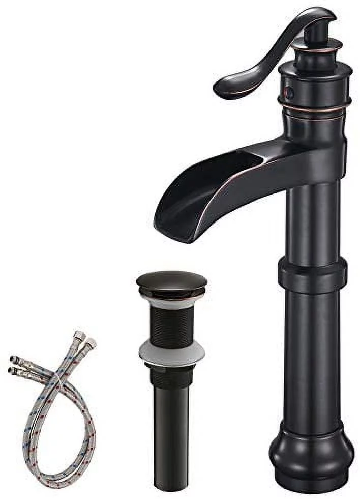 Oil Rubbed Bronze Vessel Sink Faucet Waterfall with Pop Up Drain Assembly and Single-Handle Hole Supply Hose Lead-Free Vanity Lavatory Bathroom Faucet Mixer Tap
