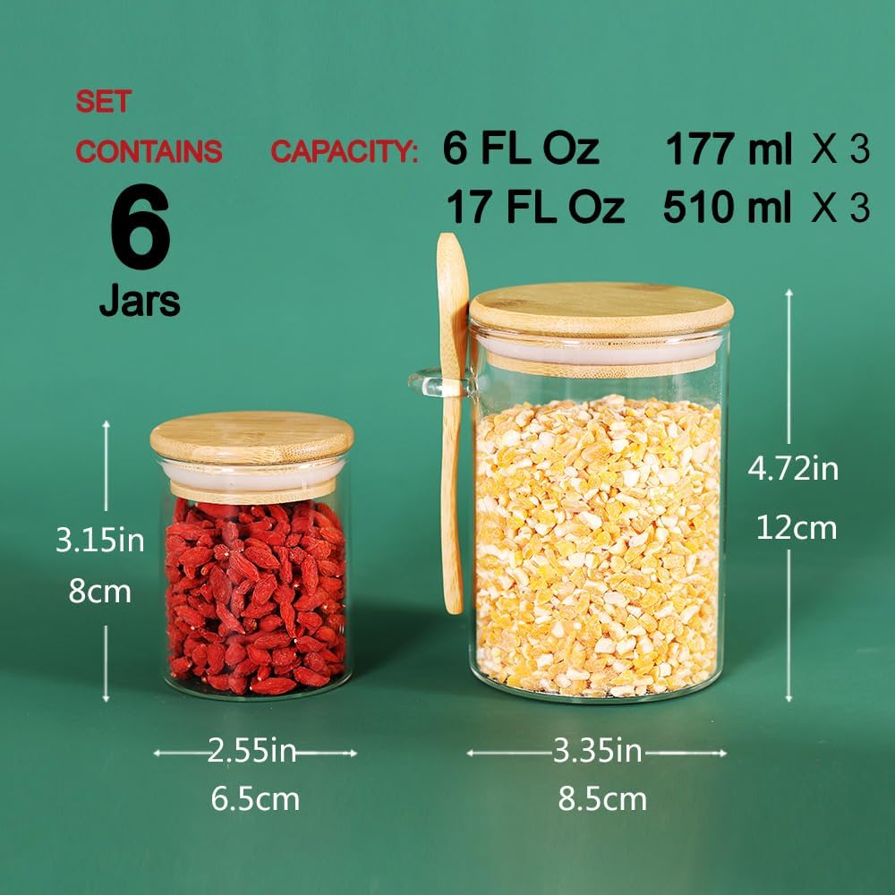 3 Pack 17 oz Glass Jars with Lids and Spoons and 3Pack 6 oz Glass Spice Jars with Lids, Clear Glass Jars for Overnight Oats with Spoons, Meal Prep Jars with Bamboo lids Set of 6