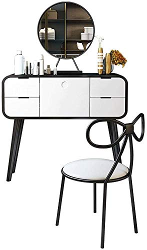 Luxury Dressing Vanity Table w/Stool for Bedroom, Nordic Dresser Desk Stainless Steel Mini Makeup Table Multifunctional Storage Room with Mirror Stool(White)