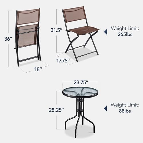 Best Choice Products 3-Piece Patio Bistro Dining Furniture Set w/Glass Tabletop, 2 Folding Chairs, Steel Frame, Polyester Fabric - Gray
