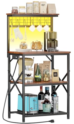 Furologee Bakers Rack with Power Outlet and LED Light, Small Microwave Stand with 4 Tier Shelves, Coffee Bar Station Table with 6 S Hooks, Kitchen Storage Rack for Spices, Pots, Rustic Brown