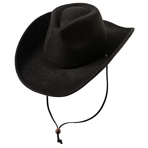 Lanzom Women Men Retro Felt Wide Brim Western Cowboy Cowgirl Hat Dress Up Hat with Wind Lanyard