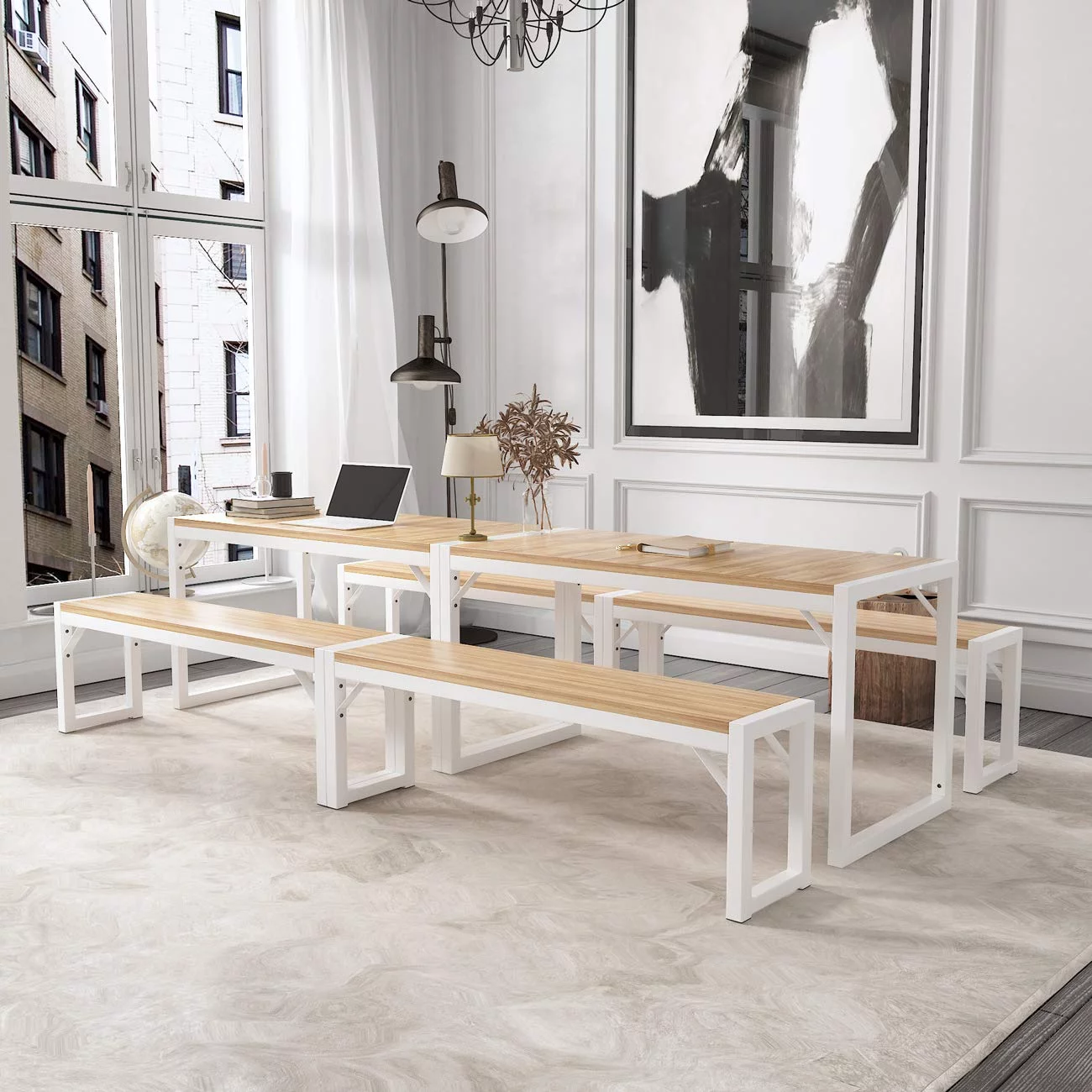 Allewie Modern 3-Piece Soho Dining/Kitchen Table Set with Benches, Sturdy Metal Frame and MDF Board