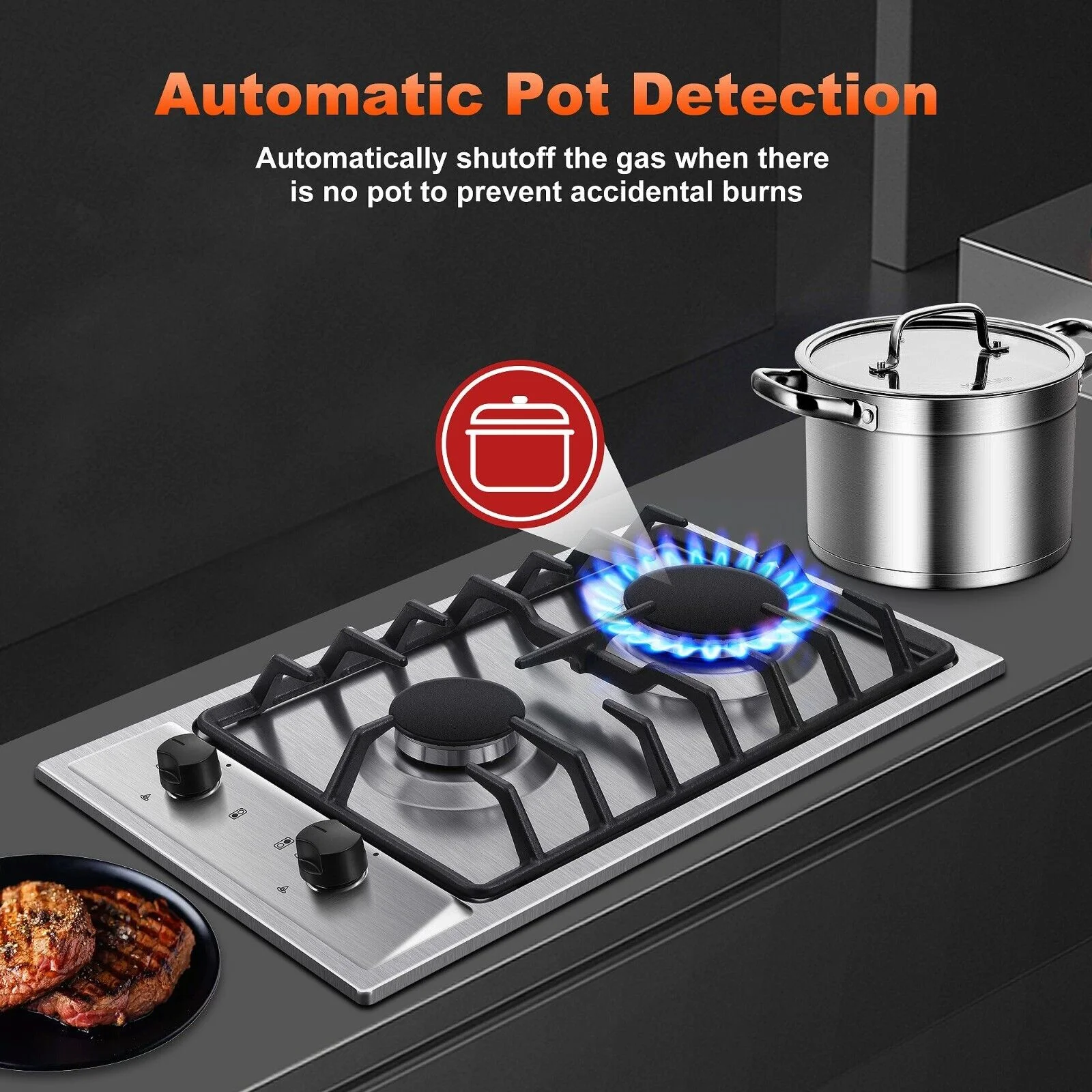 2-Burners Gas Cooktop 12 inch Stainless Steel Kitchen Gas Hob NG/LPG Convertible Built-In Integrated