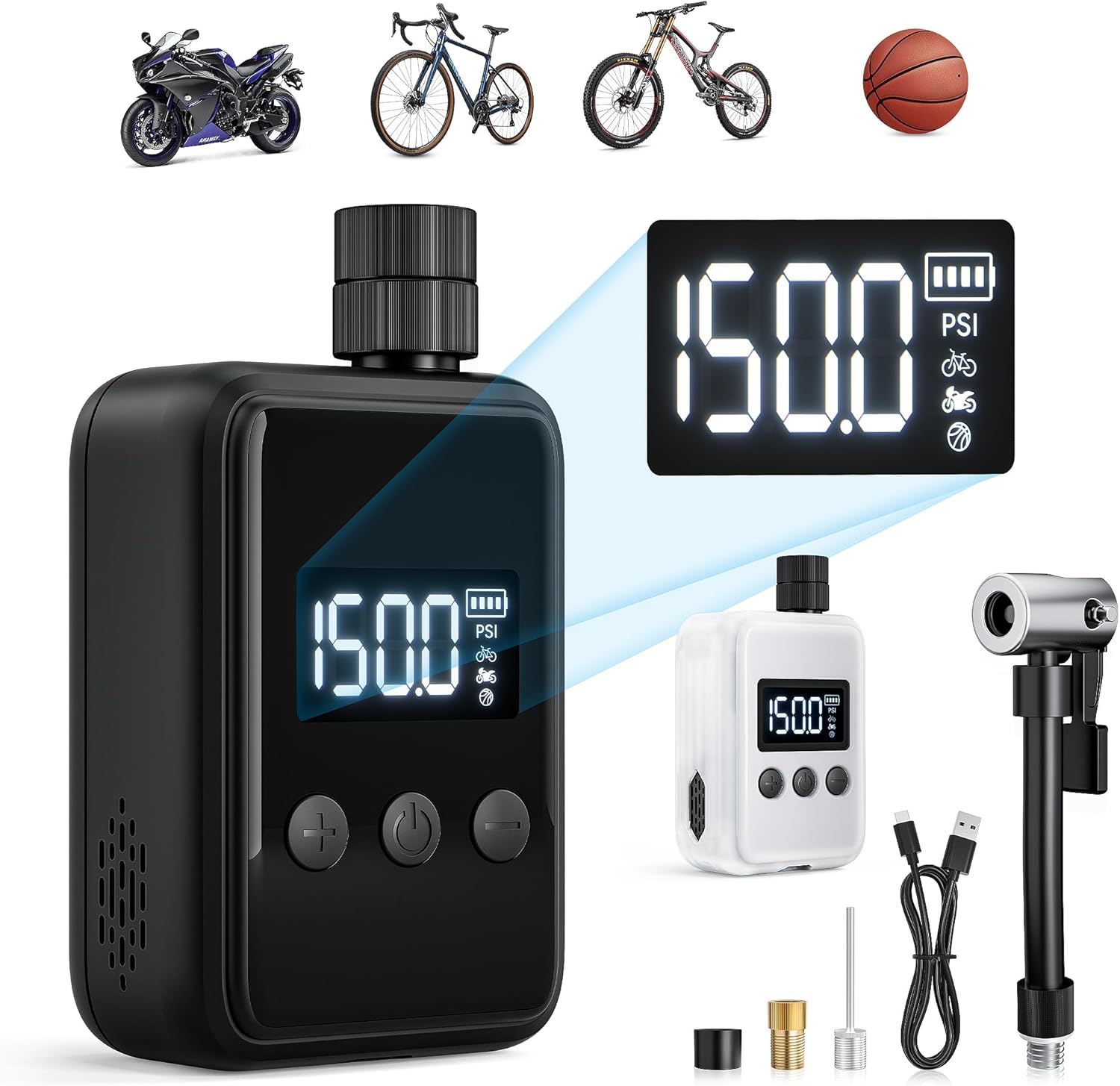 Electric Bike Pump, 150PSI Portable Bicycle Pump, Mini Bicycle Tire Pump with Pressure Gauge LCD Display, Presta and Schrader Valve for Bicycle, Motorcycle and Ball Cycling Gifts for Men Women