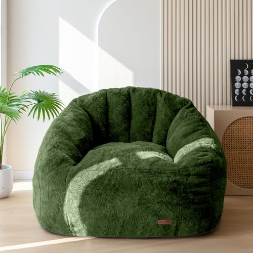 MAXYOYO Giant Bean Bag Chair, Oversized Bean Bag Couch for Adults and Kids, Faux Fur Shell-Shaped Large Chair with Filler, Stuffed Big Accent Sofa Lounge Floor Sofa for Gaming, Reading, Beige