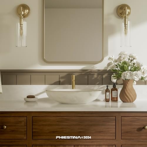 Phiestina Brushed Gold One Hole High Bathroom Vessel Sink Faucet, Single Hole Single Handle Tall Bathroom Faucet, with Pop Up Drain and Water Supply Line,FH01-BG-V