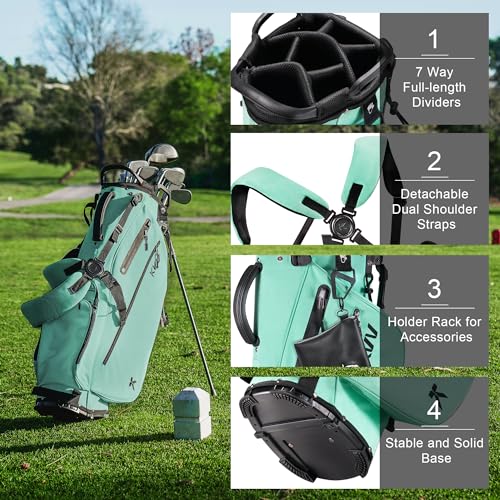 KVV Lightweight Golf Stand Bag with 7 Way Full-Length Dividers, 5 Zippered Pockets, Automatically Adjustable Dual Straps，Elegant Design