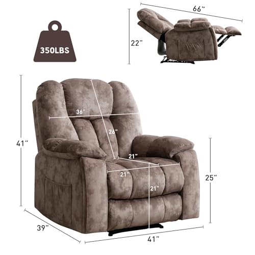 Phoenix Home Manual Recliner Chair for Adults with Massage and Heat, Overstuffed Fabric Reclining Chair, Oversized Recliners with 2 Cup Holders and Side Pockets for Living Room, Bedroom, Brown