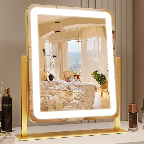 Lighted Makeup Mirror, Vanity Mirror with Lights for Desk Tabletop, Smart Touch with 3-Color Lighting,Dimmable, 360° Rotation, White, 13