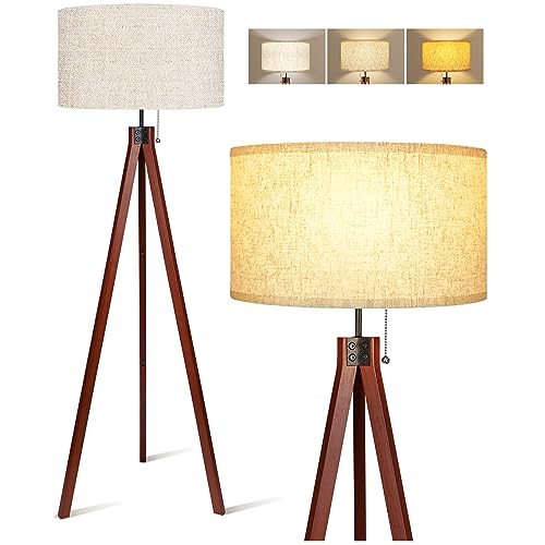 Wood Tripod Floor Lamp, 3 Color Temperatures Mid Century Modern Boho Floor Lamp, Tall Standing Lamps for Living Room Bedroom Office, Flaxen Lamp Shade with E26 Lamp Base