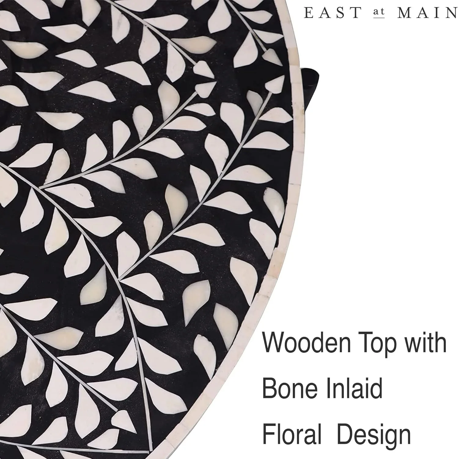 Round Coffee Table - 30”W X 19”H Wooden Floral Top, Metal Legs, Handmade Inlay Circular Modern Decor - Collapsible Living Room, Office Farmhouse, Industrial Cocktail Furniture, Black