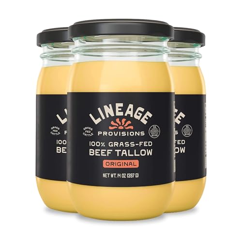 Lineage Provisions - 100% Grass-Fed & Finished Beef Tallow – 3-Pack Glass Jars – US-Raised Cattle – Nose-to-Tail Rendered – Cooking Oil Alternative, Keto & Paleo Friendly