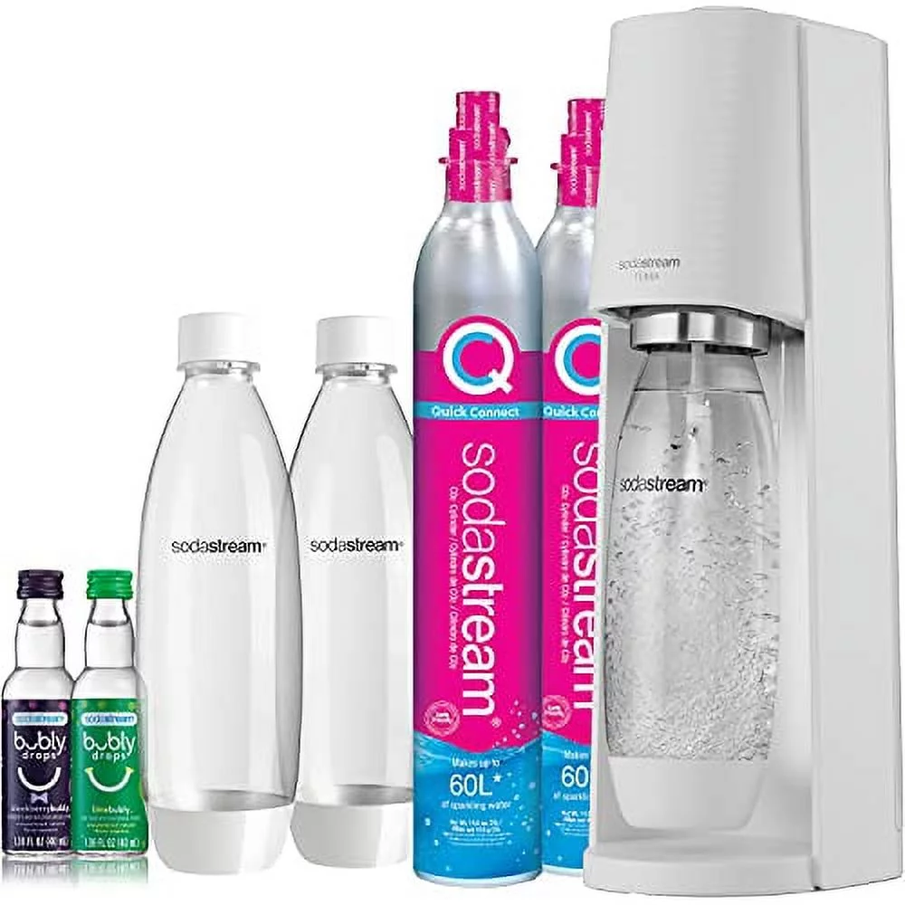 SodaStream Terra Sparkling Water Maker Bundle (White), with CO2, DWS Bottles, and Bubly Drops Flavors