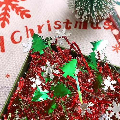 PAPER FAIR 1LB Metallic Red Green Christmas Crinkle Cut Paper Shred Filler w/Tree & Snowflake Confetti, Gift Wrap Packaging Raffia Tissue Strand, Craft Bedding Cushion, Winter Birthday Box Basket