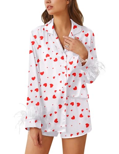 Ekouaer Women's Bridal Feather Trim Silk Satin Pajama Set Long Sleeve Lounge Sets Sleepwear (Removable Feather)