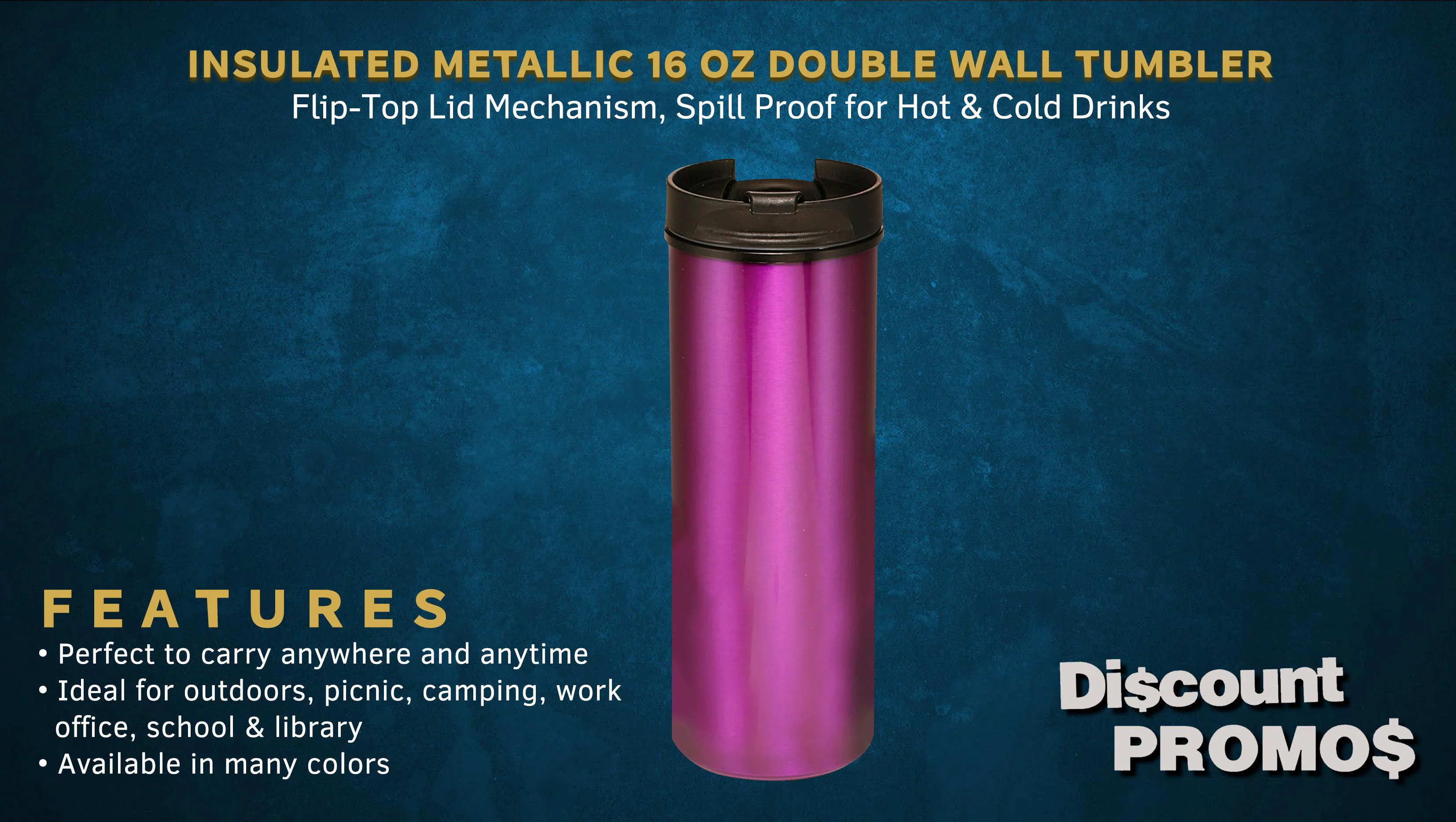 Metallic 16 Oz Double Wall Tumbler - Flip-Top Lid Mechanism, Spill Proof - Hot or Cold Drinks - Plastic Interior, Aluminum Exterior Slim Design - Purple - 10 Pack
