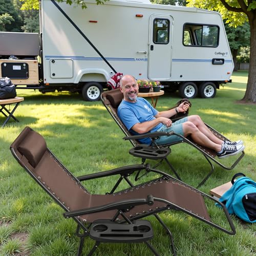 Greesum Zero Gravity Chairs Set of 2 Adjustable Steel Mesh Recliners Beach Deck Lawn Camping Patio Foldable Lounge Chair with Cup Holder Trays and Pillows,Brown