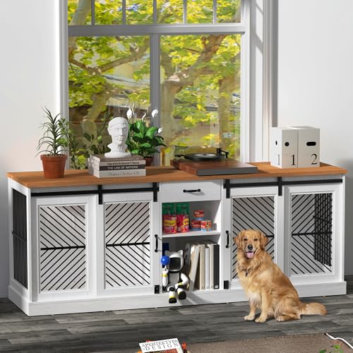 86.6” Large Dog Crate Furniture for 2 Dogs, Decorative Wooden Double Dog Kennel Indoor, Dog Cage TV Stand with Durable Lock & Storage Shelves for Medium Small Pets