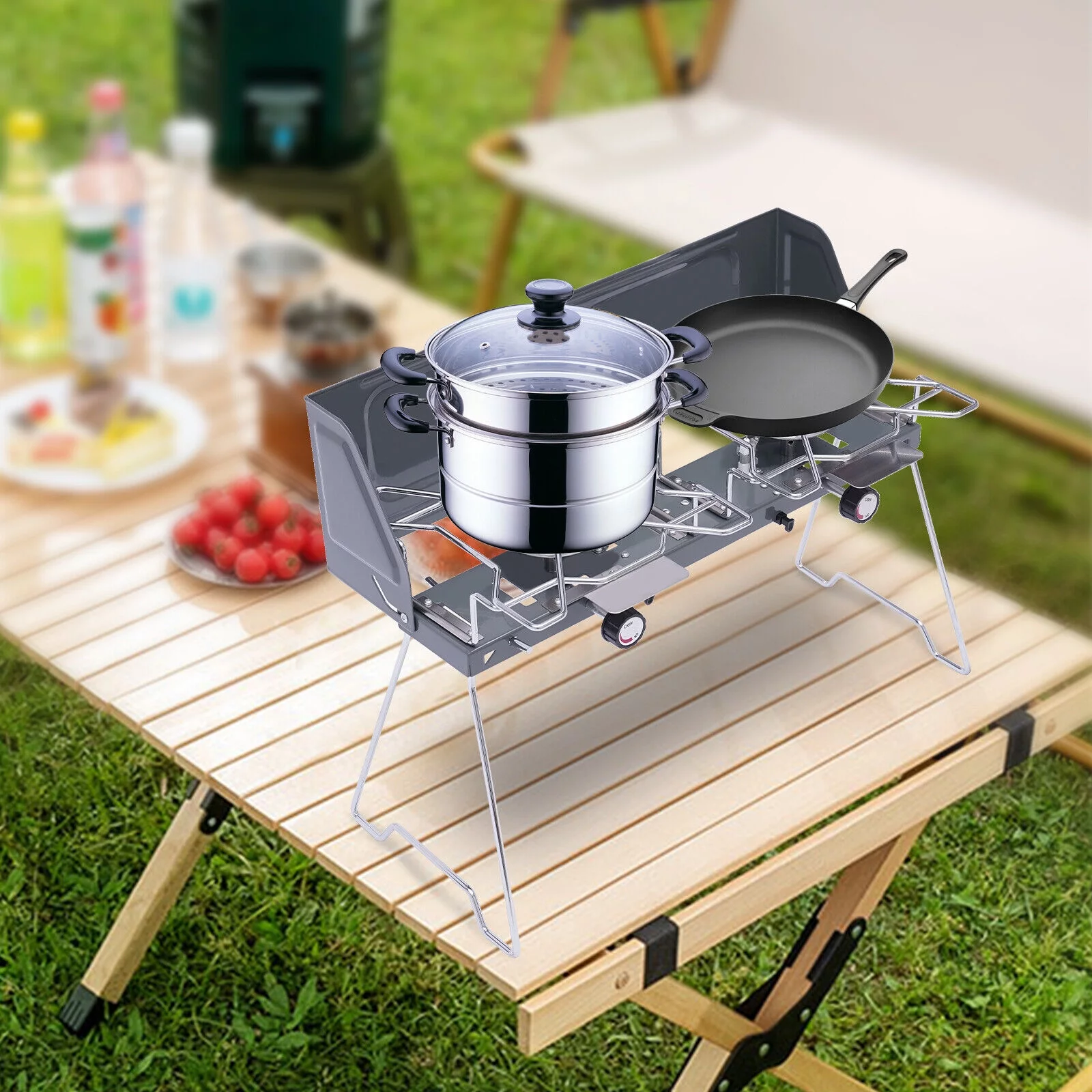 Gas Camping Stove, 2 Burners & 2 Toast (Grill), Portable Butane Gas Cooking Stove With Regulator For Camping, Outdoor Cooking, Barbecue