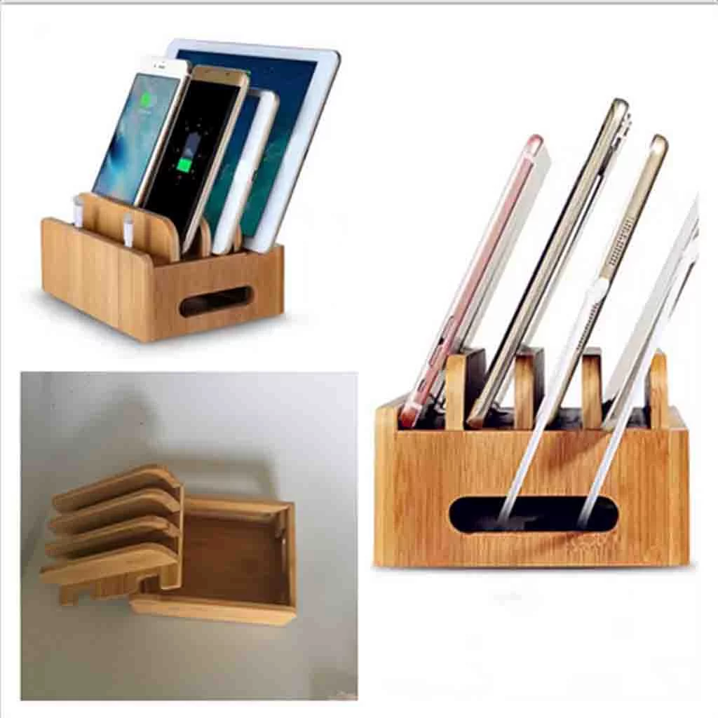 Multi Device 4 Slots Bamboo Charging Station Electronics Charging Station & Organizer for , ,, Smartphones &Cords Organizer Stand&Other Gadgets,Strong Build of