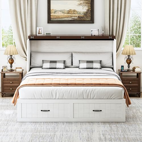 Full Murphy Bed with Storage & Charging Station, Farmhouse Murphy Cabinet Bed with Large Drawer, Hideaway Foldable Platform Bed for for Guest Room, Bedroom, Home Office, Mattress Not Included, White