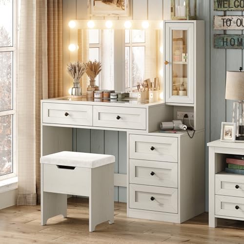 Large Farmhouse Mirror Vanity Desk with LED Bulbs White Makeup Table Set Glass Tabletop for Bedroom Charging Station & Power Outlet Adjustable Light Mode