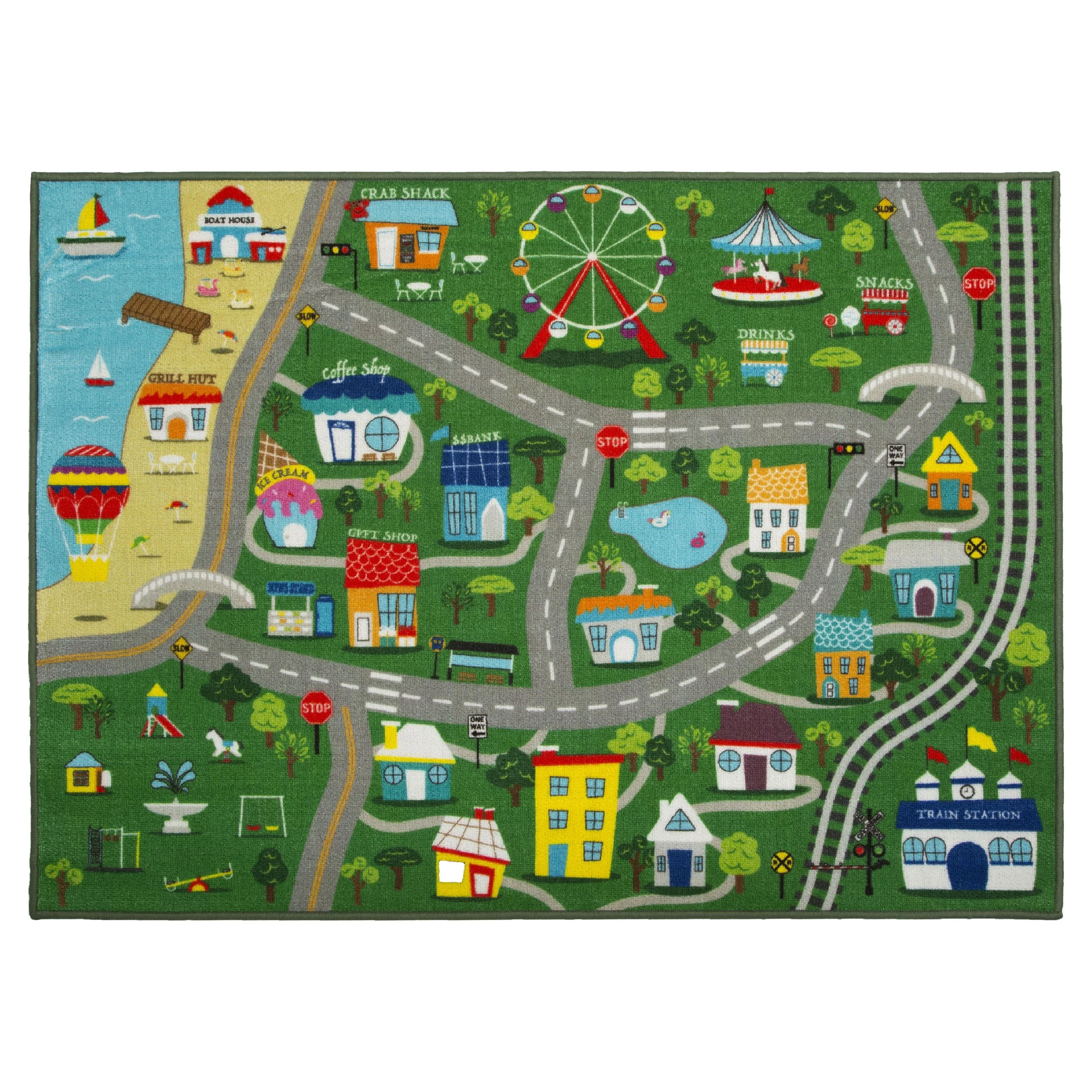 Delta Children Kids Large Road Map Activity Rug, 54-inch L x 39-inch W, Beach Town/Green