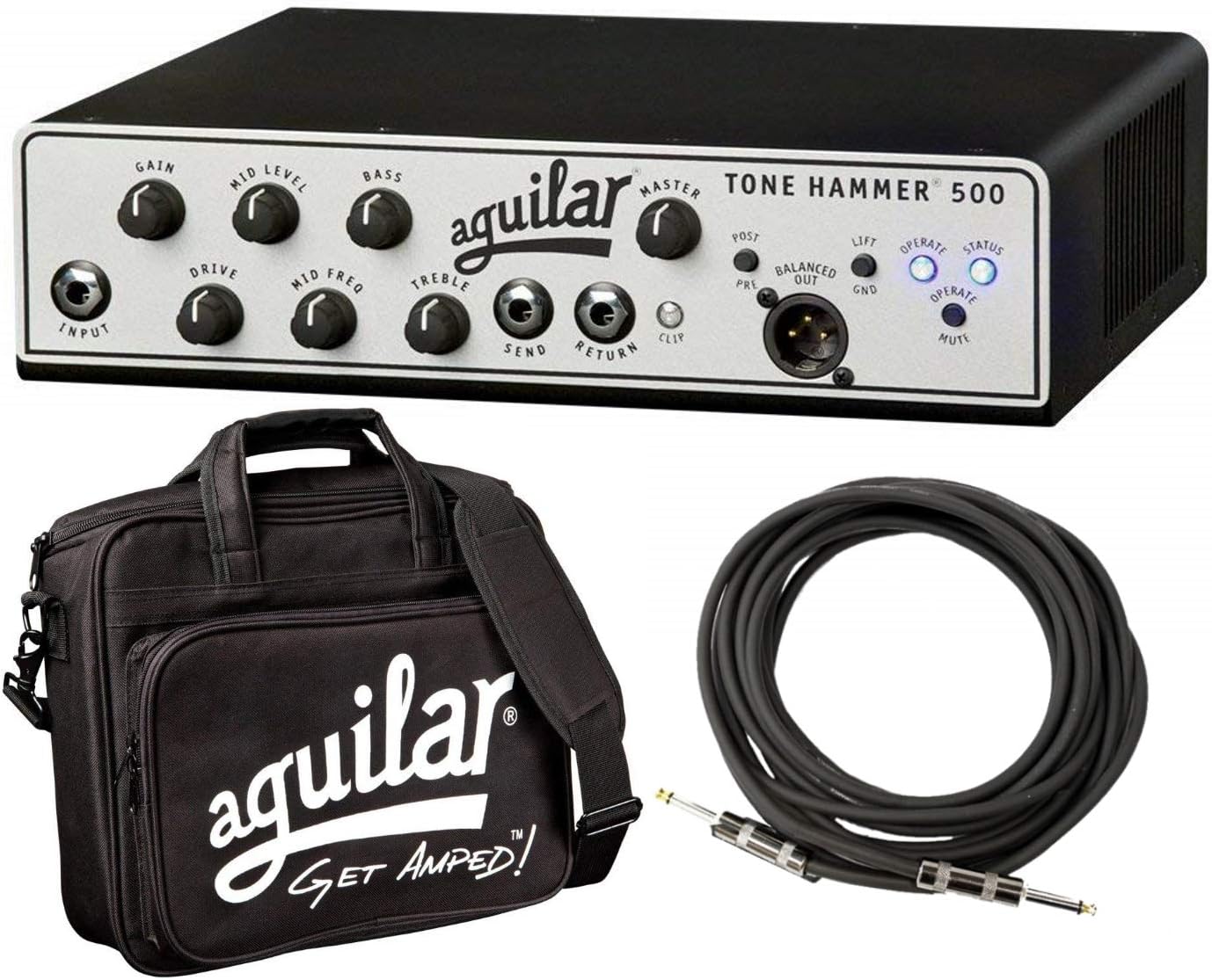 Aguilar Tone Hammer 500 Super Light 500 Watt Solid State Bass Amplifier Head with Drive Control, FX Loop and Balanced DI Output with Water Resistant Bag and Instrument Cable