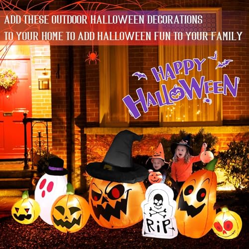 8FT Halloween Inflatable Decorations, Giant Pumpkin Ghost Tombstone Witch Inflatable with LED Lights, Outdoor Indoor Yard Lawn Garden Party Halloween Blow Up Decor