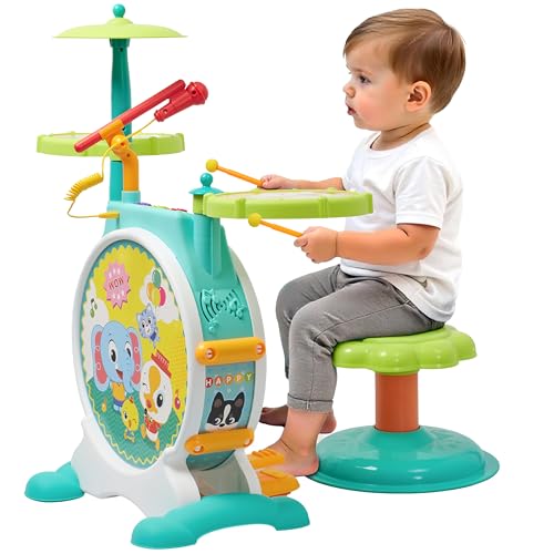 Prextex Electric Toy Drum Set with Realistic Sound - Plastic Musical Instrument for Kids - Baby Drum Toy with Cymbal - Stimulates Creativity and Motor Skills - Multicolor - Set of 9