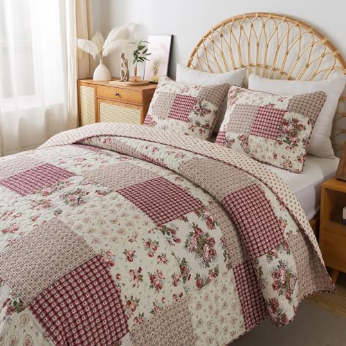SLPR Walk in The Cotswolds Patchwork Cotton Pieced Quilt Set - Queen Size with 2 Shams, Neutral Floral & Cream Cottage Quilted Bedspread, French Country Farmhouse Bedding for All Seasons