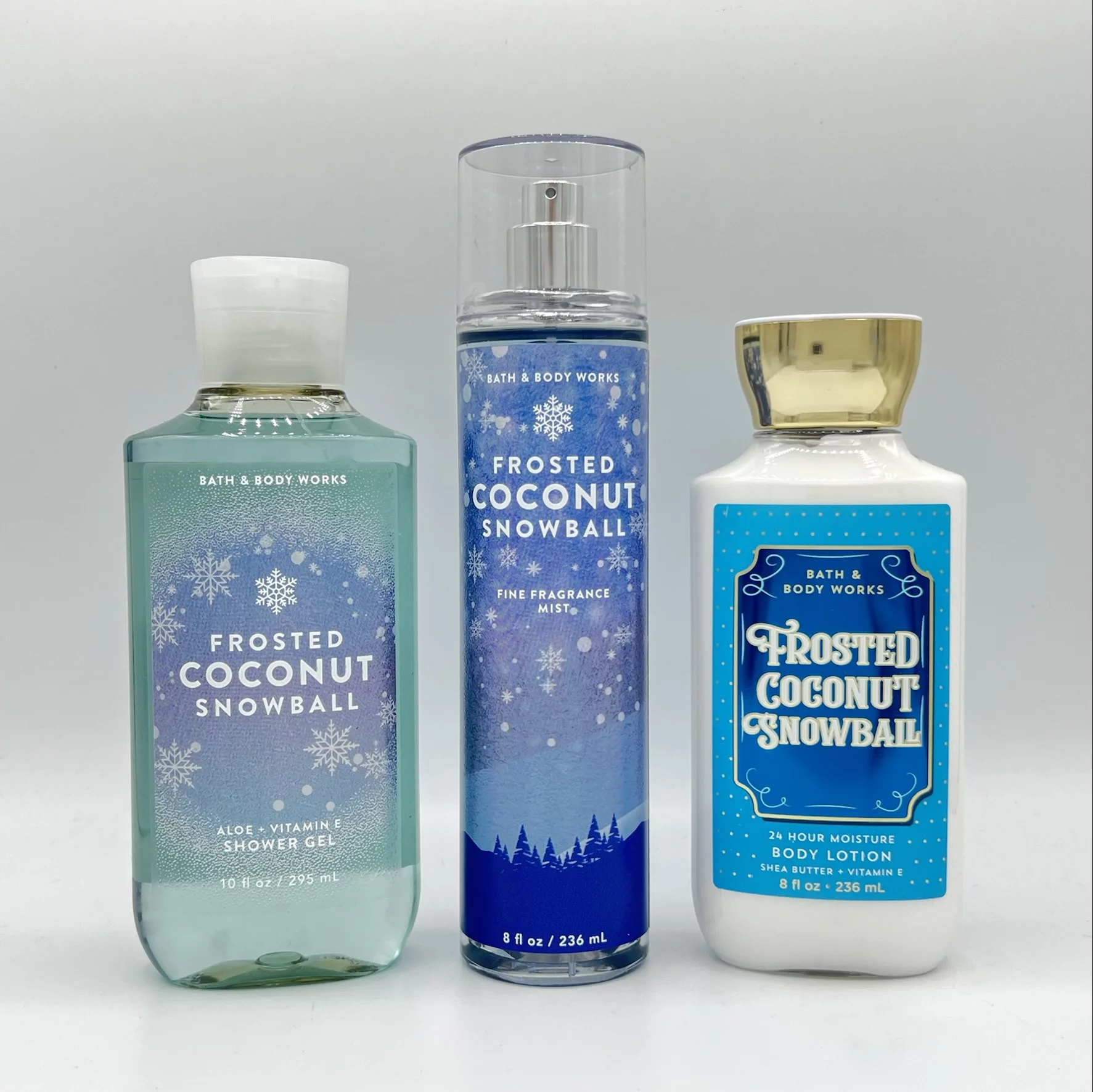Bath and Body Works Frosted Coconut Snowball Shower Gel, Fine Fragrance Mist and Body Lotion Full Size 3-Piece Bundle