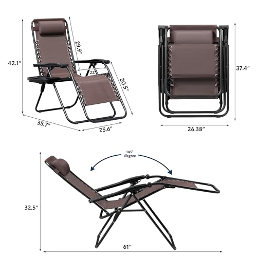 Greesum Zero Gravity Chairs Set of 2 Adjustable Steel Mesh Recliners Beach Deck Lawn Camping Patio Foldable Lounge Chair with Cup Holder Trays and Pillows,Brown